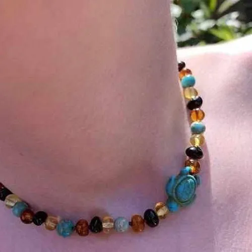 Childs Koopa Blue Turtle Jasper and Polished Rainbow Mixed Baltic Amber Necklace