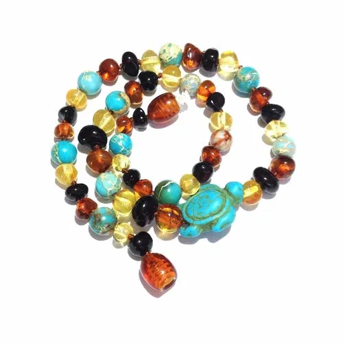 Childs Koopa Blue Turtle Jasper and Polished Rainbow Mixed Baltic Amber Necklace
