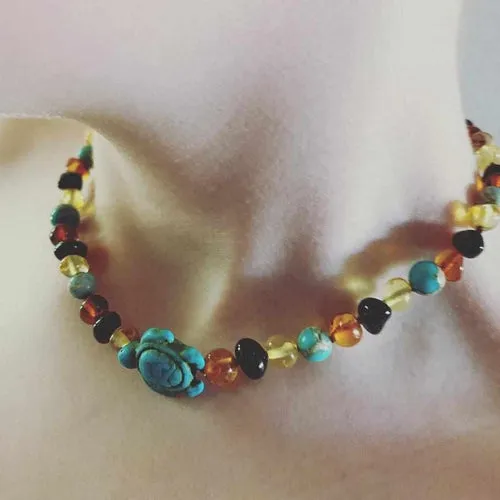 Childs Koopa Blue Turtle Jasper and Polished Rainbow Mixed Baltic Amber Necklace