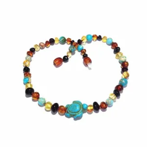 Childs Koopa Blue Turtle Jasper and Polished Rainbow Mixed Baltic Amber Necklace