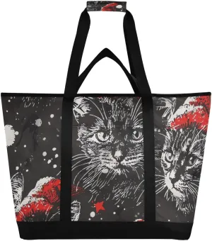Christmas Cat Red Hats Large Insulated Reusable Tote Bag for Grocery Shopping for Women Men, Cooler Bag with Zippered Top & Handles for Travel Beach Picnic