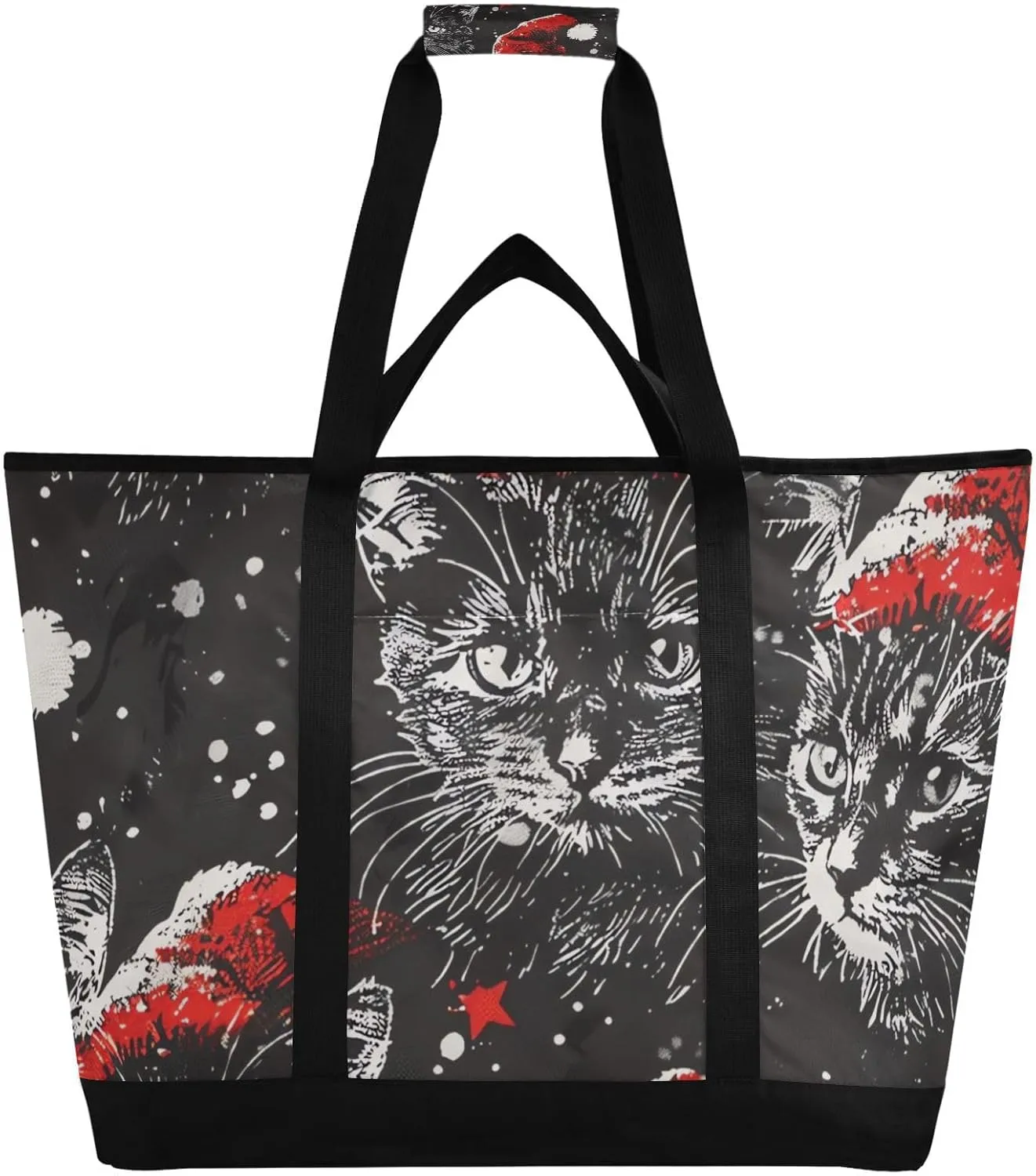 Christmas Cat Red Hats Large Insulated Reusable Tote Bag for Grocery Shopping for Women Men, Cooler Bag with Zippered Top & Handles for Travel Beach Picnic