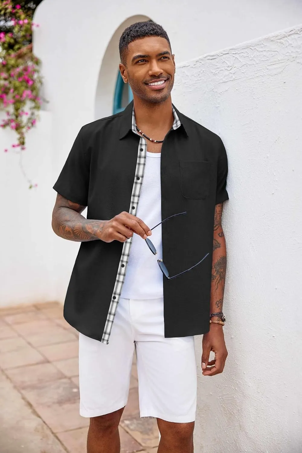 COOFANDY Men's Button Down Shirts Short Sleeve Casual Shirts Summer Beach Shirts Vacation Wedding Shirts with Pocket