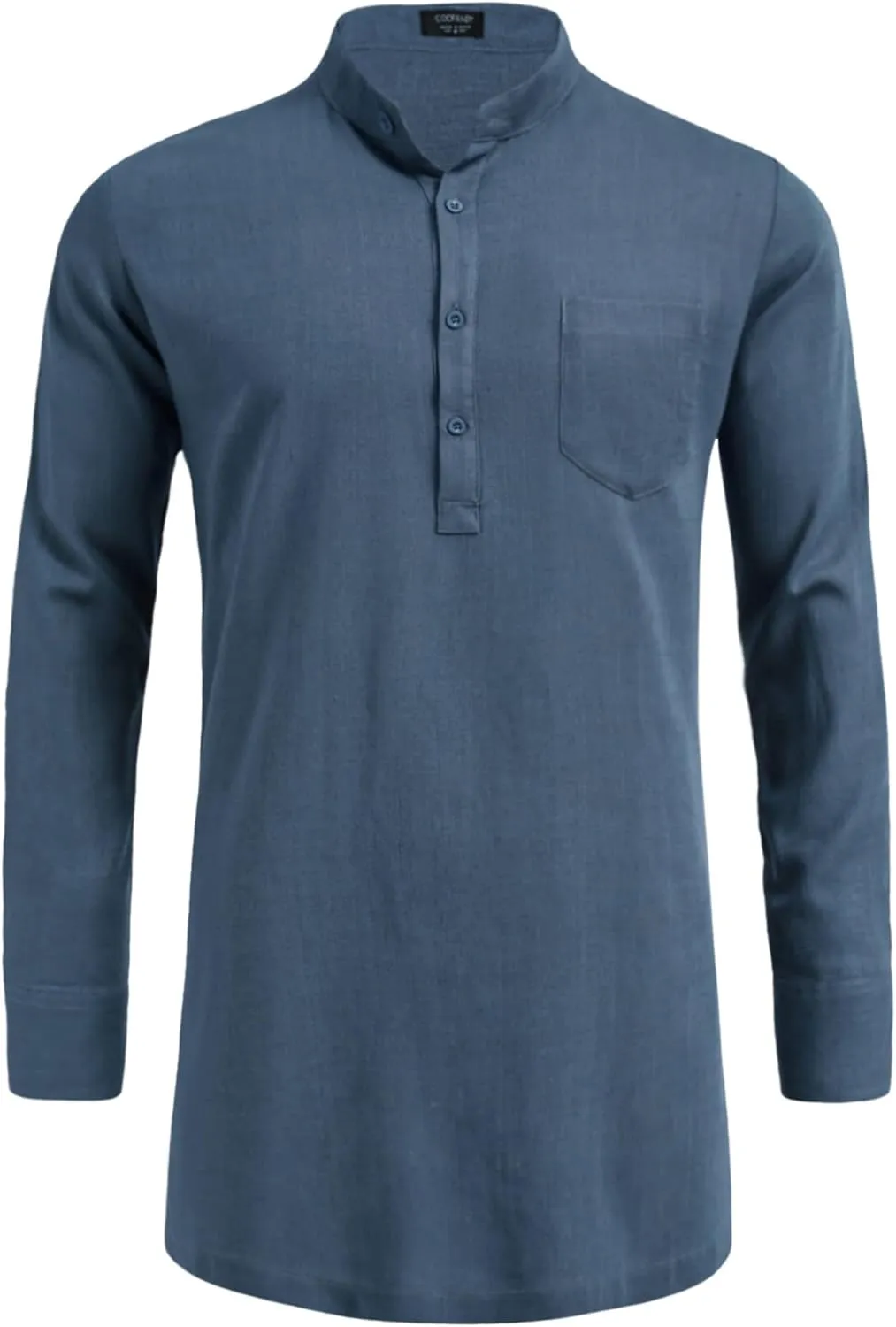 COOFANDY Men's Linen Henley Shirts Long Sleeve Collarless T-Shirts Longline Kurta Beach Shirts with Pocket