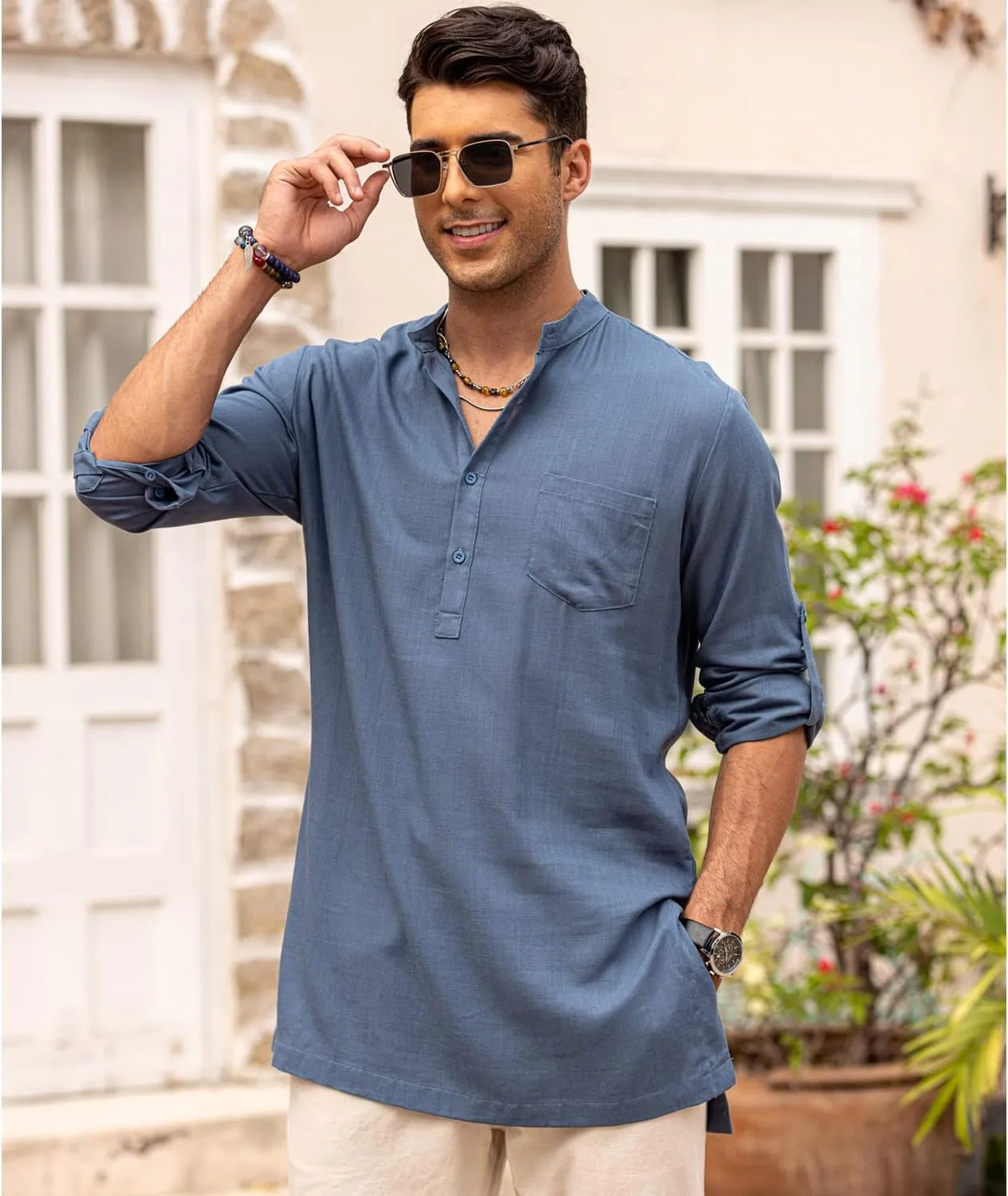 COOFANDY Men's Linen Henley Shirts Long Sleeve Collarless T-Shirts Longline Kurta Beach Shirts with Pocket
