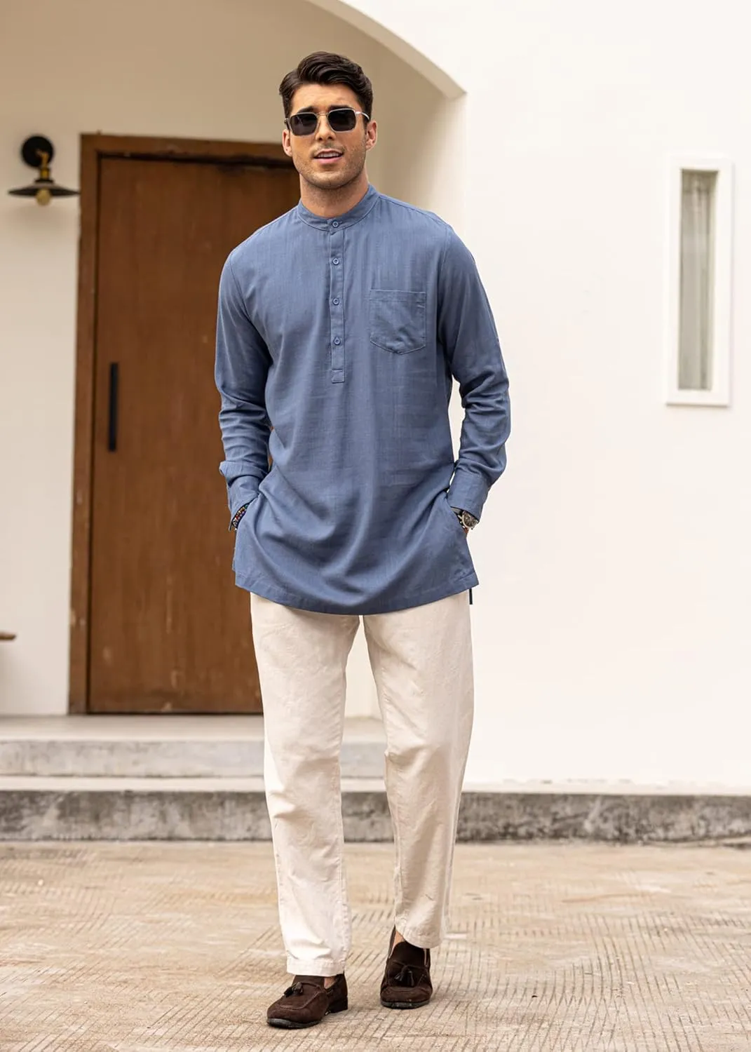 COOFANDY Men's Linen Henley Shirts Long Sleeve Collarless T-Shirts Longline Kurta Beach Shirts with Pocket