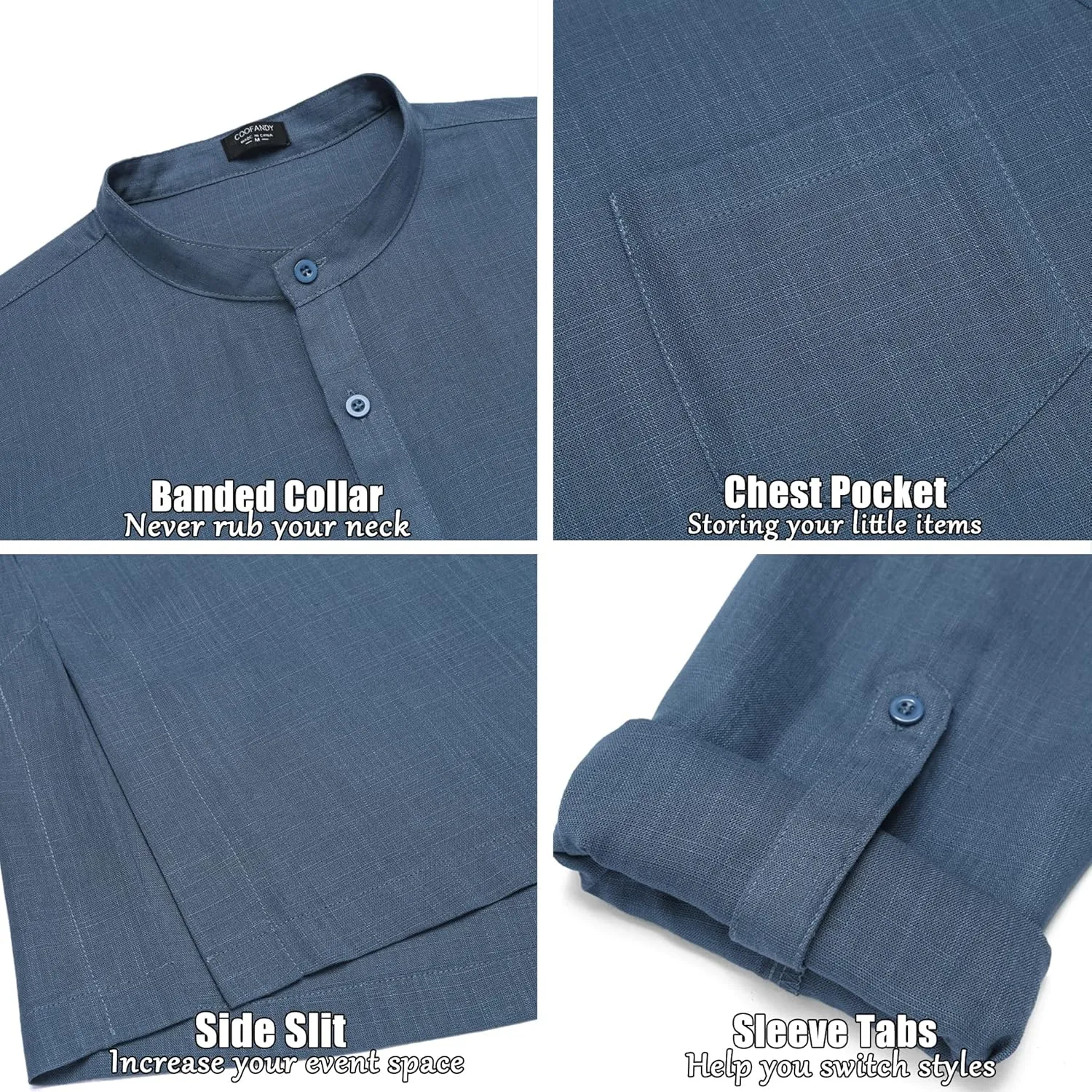 COOFANDY Men's Linen Henley Shirts Long Sleeve Collarless T-Shirts Longline Kurta Beach Shirts with Pocket