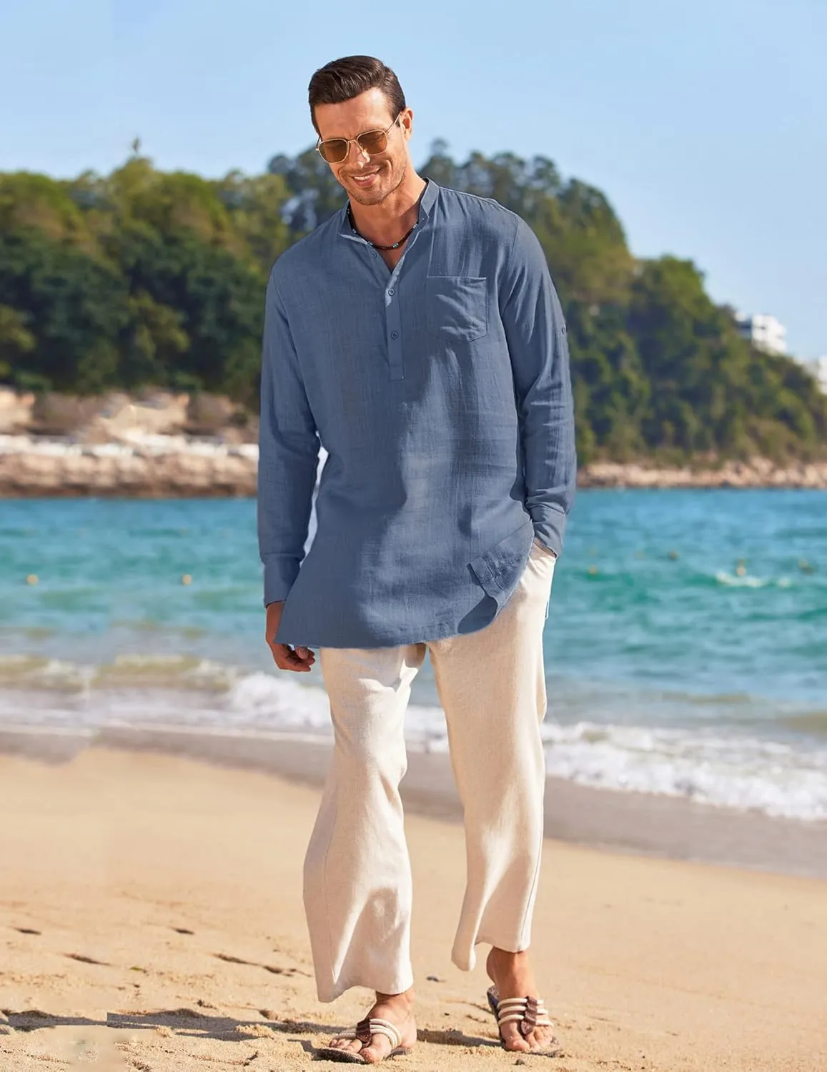 COOFANDY Men's Linen Henley Shirts Long Sleeve Collarless T-Shirts Longline Kurta Beach Shirts with Pocket