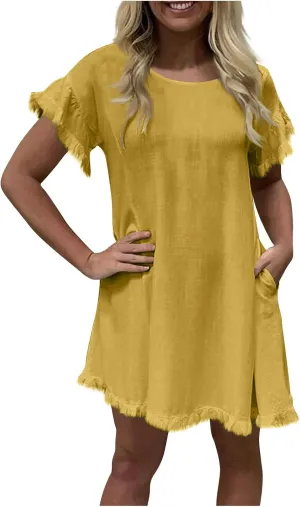Cotton Linen Dress for Women Short Sleeve Crewneck Mini Dresses for Summer Solid Color Shift Dress with Pockets
