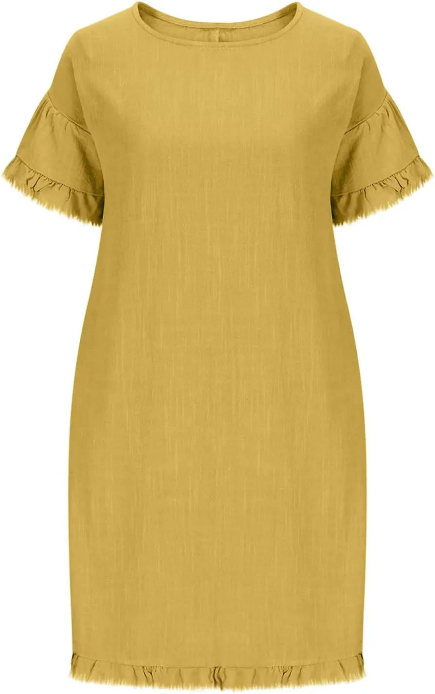 Cotton Linen Dress for Women Short Sleeve Crewneck Mini Dresses for Summer Solid Color Shift Dress with Pockets