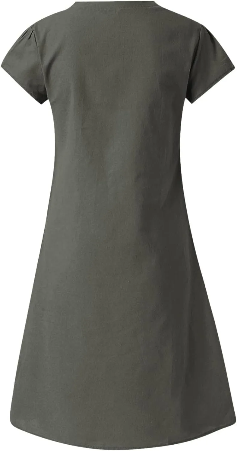 Cotton Linen Mini Dress Short Sleeve V Neck Beach Vacation Dresses Summer Casual Boho Sundress Lounge Solid Clothes