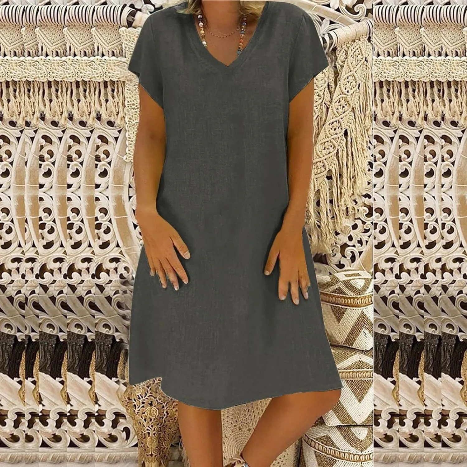 Cotton Linen Mini Dress Short Sleeve V Neck Beach Vacation Dresses Summer Casual Boho Sundress Lounge Solid Clothes