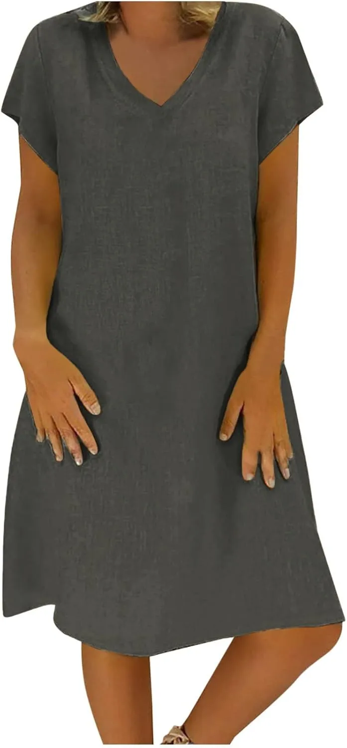 Cotton Linen Mini Dress Short Sleeve V Neck Beach Vacation Dresses Summer Casual Boho Sundress Lounge Solid Clothes