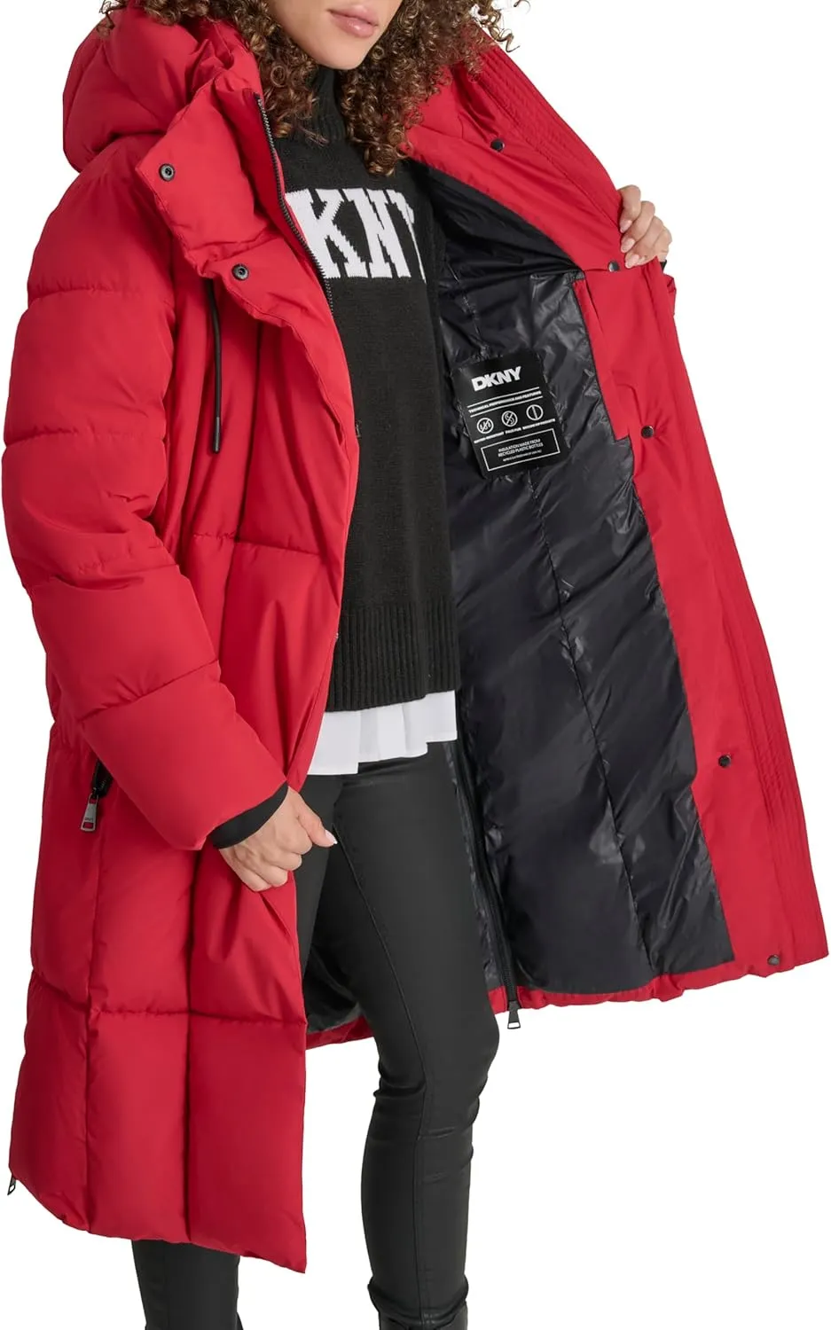 DKNY Women's Hooded Long Down Alternative Puffer Jacket