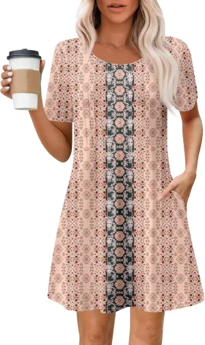 Dresses for Women 2025 Cute Boho Floral Sundress Crew Neck Short Sleeve Beach Dress Swimsuit Coverup with Pockets