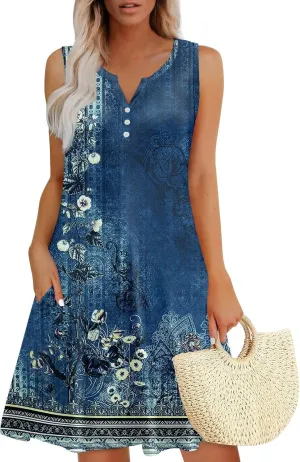 Dresses for Women Summer Boho Beach Dress Loose V Neck Sleeveless Sundresses Swimsuit with Hidden Pockets