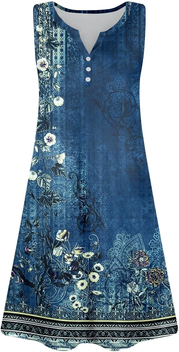 Dresses for Women Summer Boho Beach Dress Loose V Neck Sleeveless Sundresses Swimsuit with Hidden Pockets