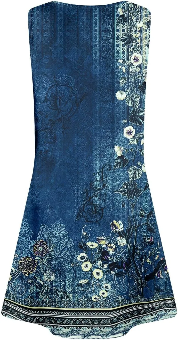 Dresses for Women Summer Boho Beach Dress Loose V Neck Sleeveless Sundresses Swimsuit with Hidden Pockets