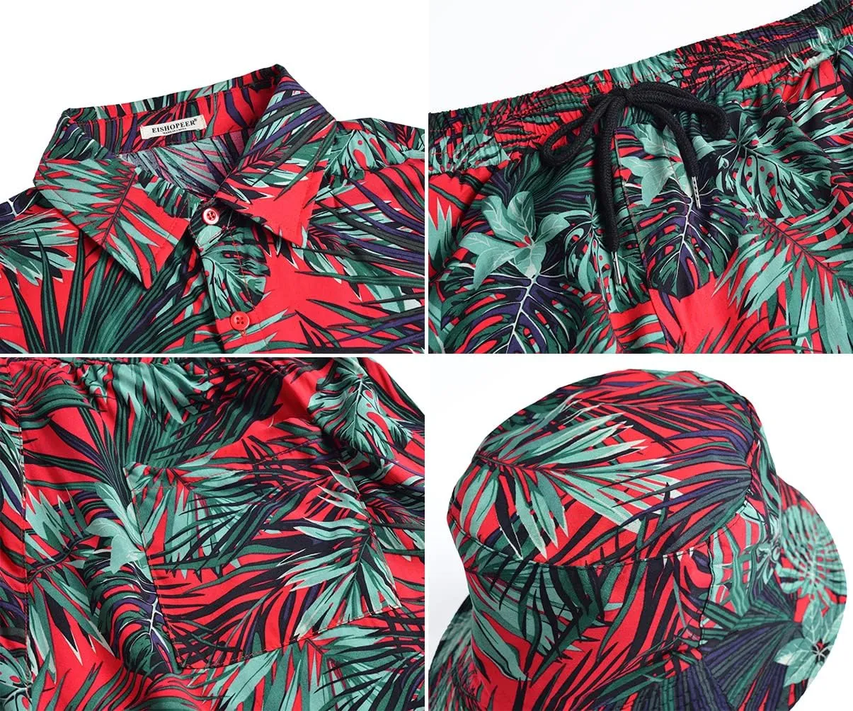 EISHOPEER Men's Flower Hawaiian Sets Casual Short Sleeve Shirt and Shorts Suits Outfits with Bucket Hats