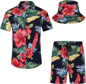 EISHOPEER Men's Flower Hawaiian Sets Casual Short Sleeve Shirt and Shorts Suits Outfits with Bucket Hats
