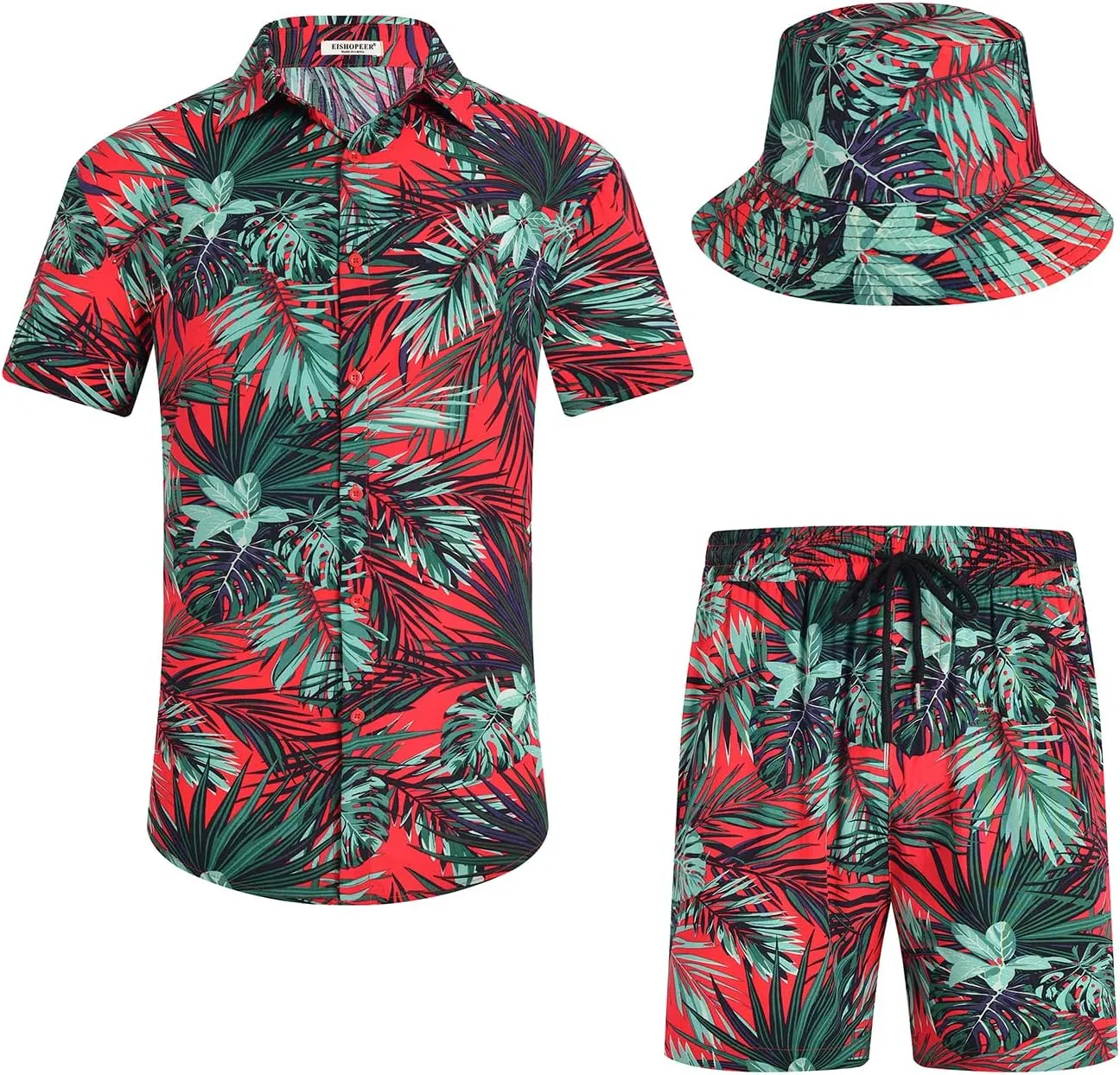EISHOPEER Men's Flower Hawaiian Sets Casual Short Sleeve Shirt and Shorts Suits Outfits with Bucket Hats