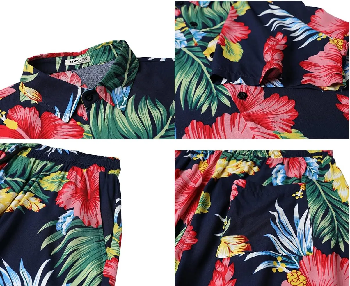 EISHOPEER Men's Flower Hawaiian Sets Casual Short Sleeve Shirt and Shorts Suits Outfits with Bucket Hats