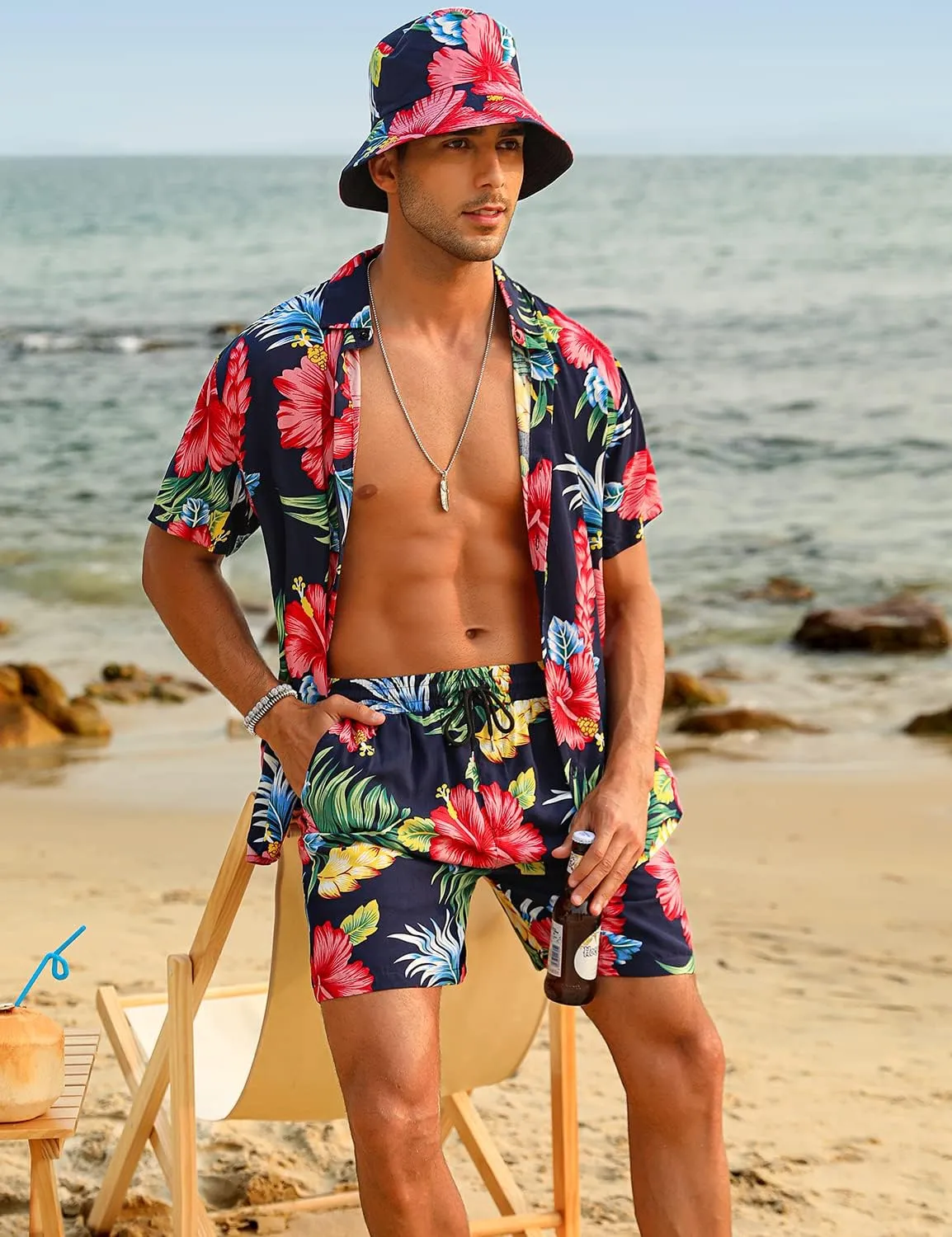 EISHOPEER Men's Flower Hawaiian Sets Casual Short Sleeve Shirt and Shorts Suits Outfits with Bucket Hats