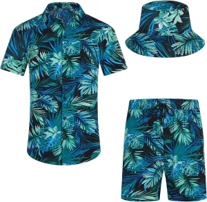 EISHOPEER Men's Flower Hawaiian Sets Casual Short Sleeve Shirt and Shorts Suits Outfits with Bucket Hats