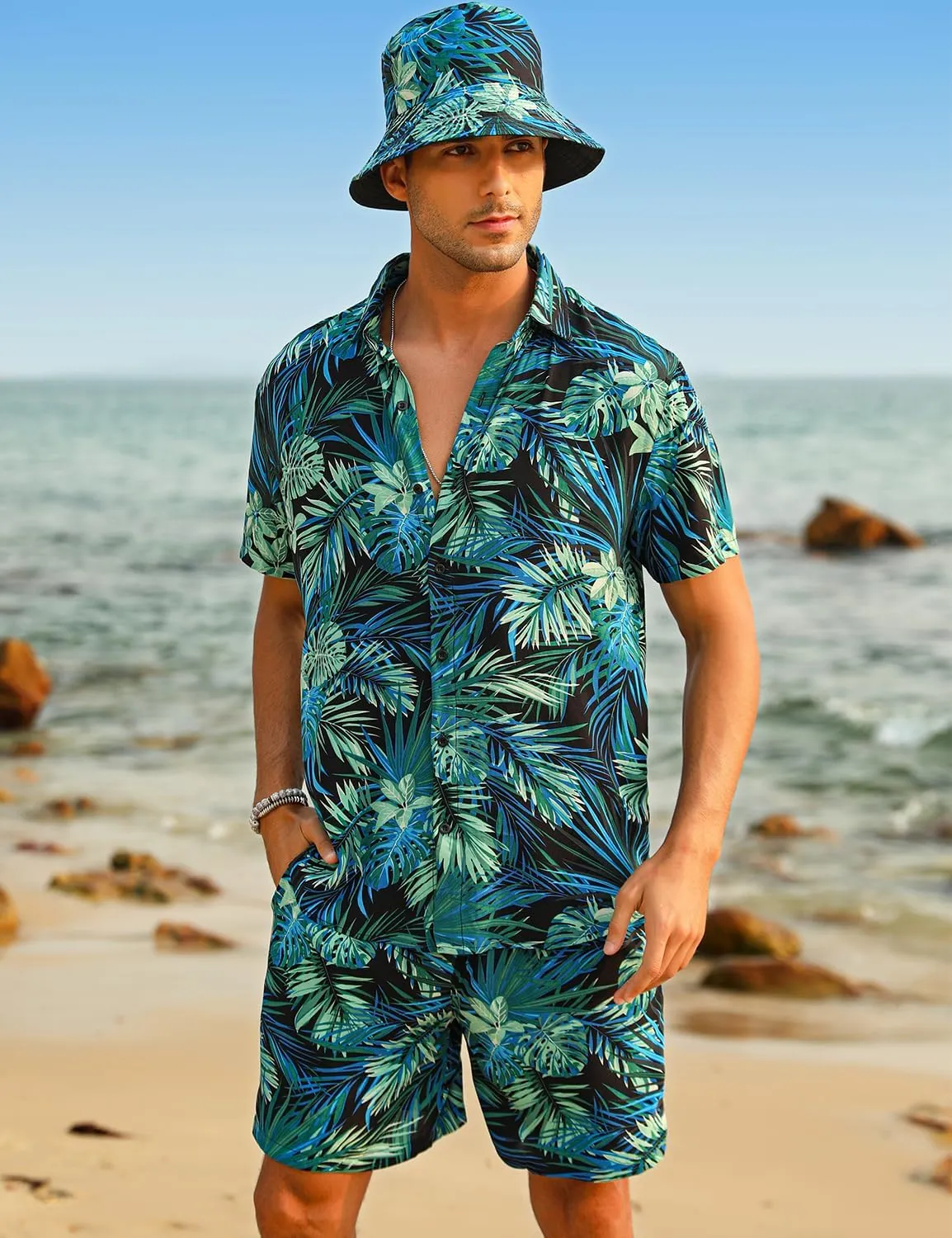 EISHOPEER Men's Flower Hawaiian Sets Casual Short Sleeve Shirt and Shorts Suits Outfits with Bucket Hats