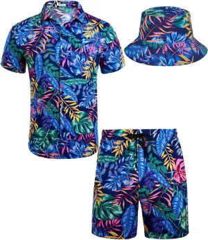 EISHOPEER Men's Flower Hawaiian Sets Casual Short Sleeve Shirt and Shorts Suits Outfits with Bucket Hats