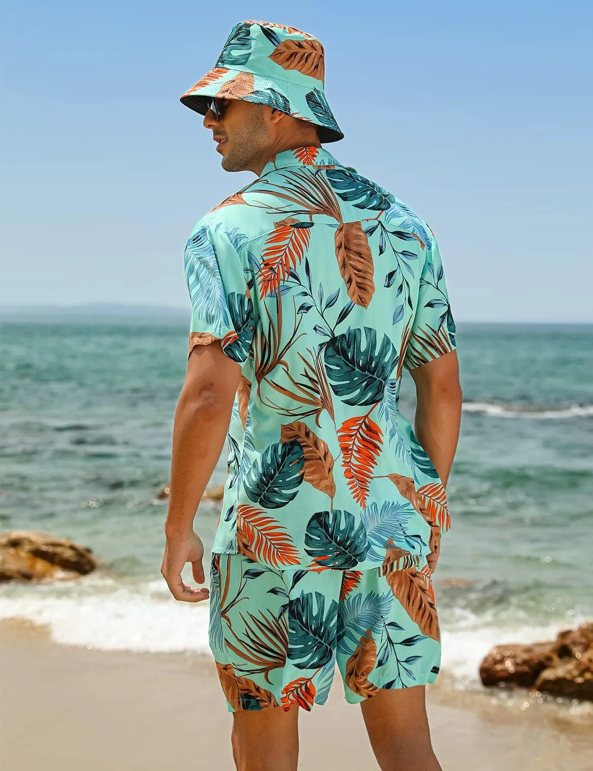 EISHOPEER Men's Flower Hawaiian Sets Casual Short Sleeve Shirt and Shorts Suits Outfits with Bucket Hats