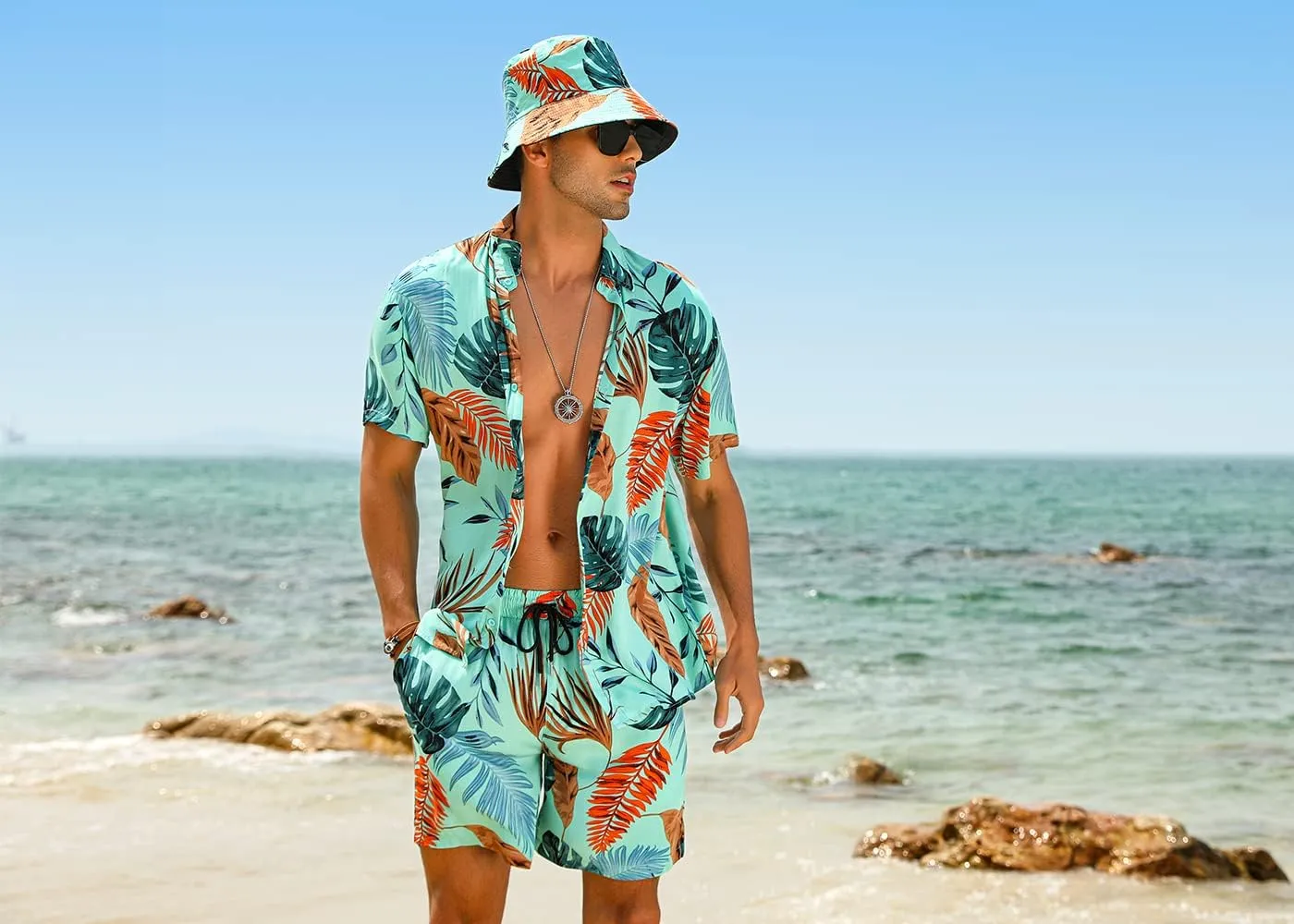 EISHOPEER Men's Flower Hawaiian Sets Casual Short Sleeve Shirt and Shorts Suits Outfits with Bucket Hats
