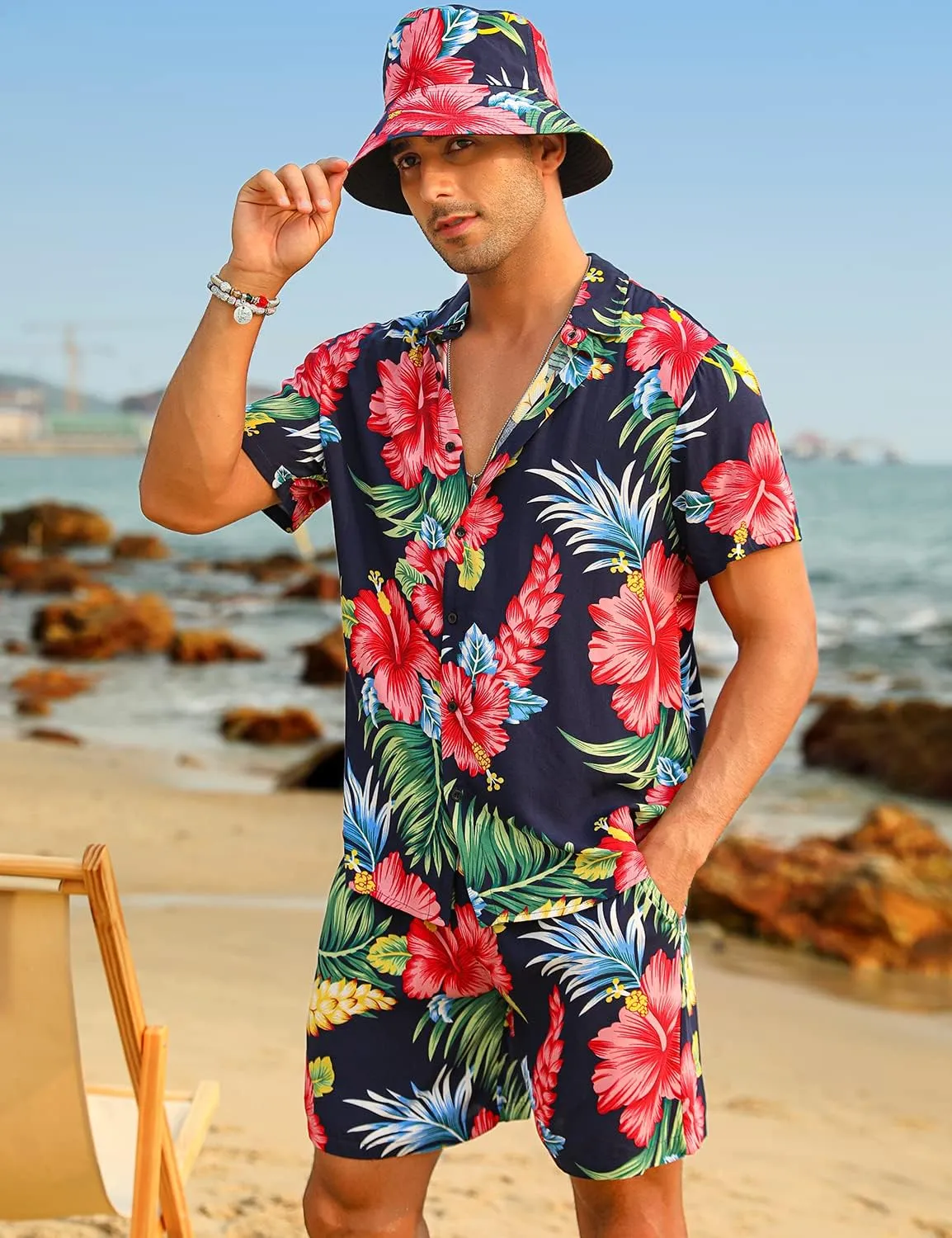 EISHOPEER Men's Flower Hawaiian Sets Casual Short Sleeve Shirt and Shorts Suits Outfits with Bucket Hats