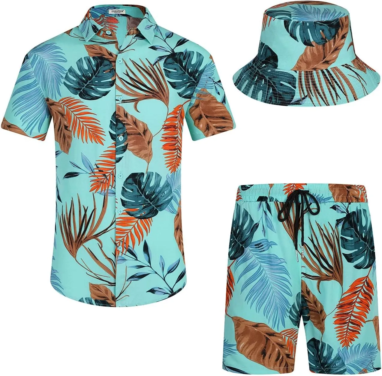 EISHOPEER Men's Flower Hawaiian Sets Casual Short Sleeve Shirt and Shorts Suits Outfits with Bucket Hats