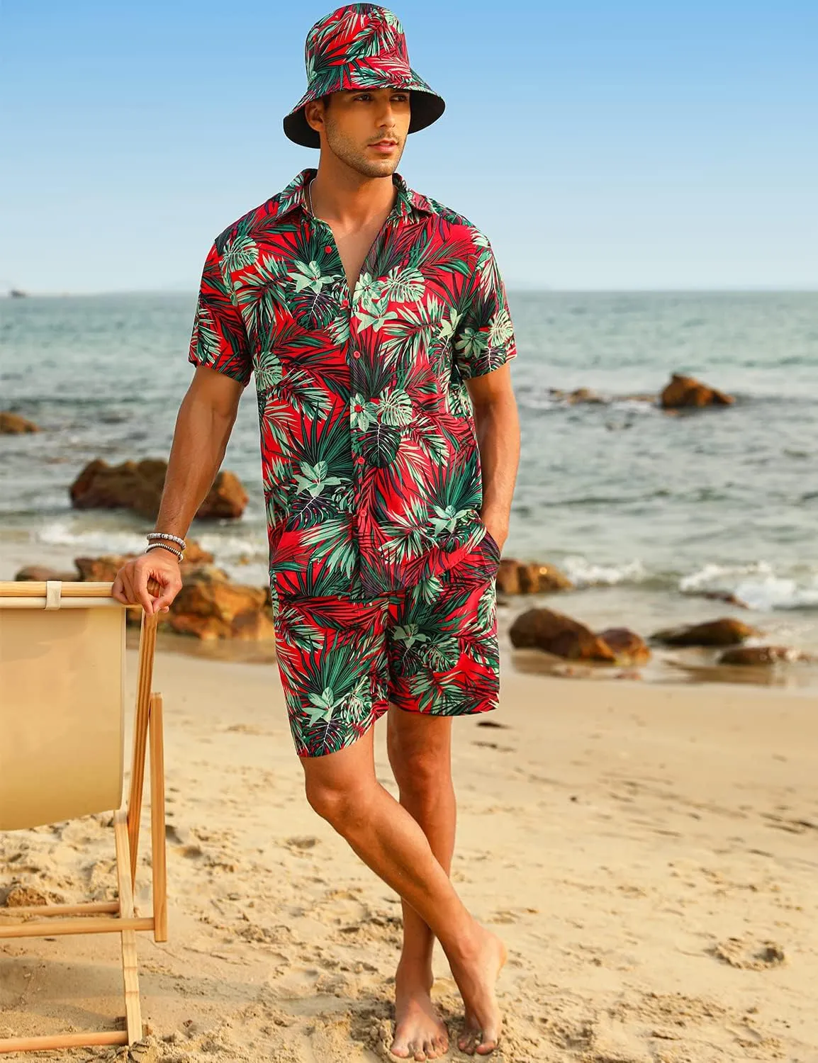 EISHOPEER Men's Flower Hawaiian Sets Casual Short Sleeve Shirt and Shorts Suits Outfits with Bucket Hats