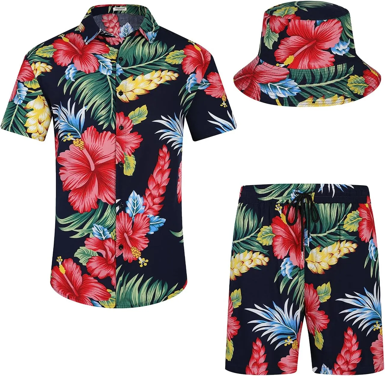 EISHOPEER Men's Flower Hawaiian Sets Casual Short Sleeve Shirt and Shorts Suits Outfits with Bucket Hats
