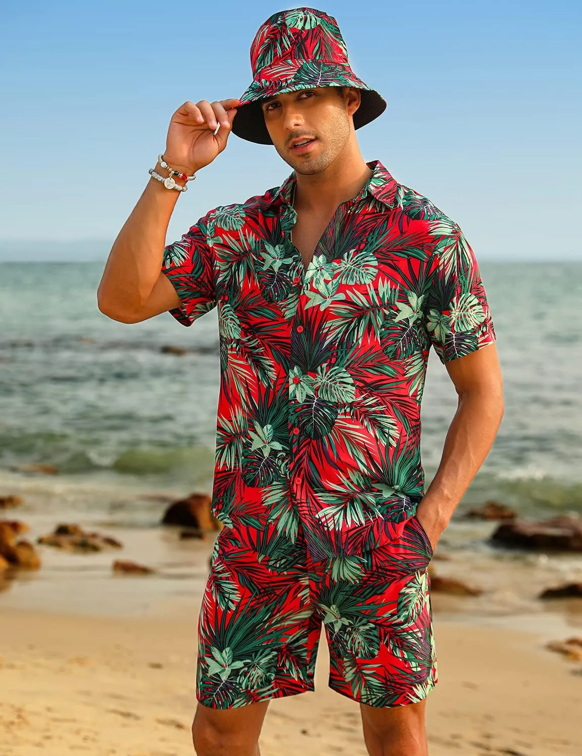 EISHOPEER Men's Flower Hawaiian Sets Casual Short Sleeve Shirt and Shorts Suits Outfits with Bucket Hats