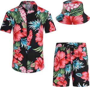 EISHOPEER Men's Flower Hawaiian Sets Casual Short Sleeve Shirt and Shorts Suits Outfits with Bucket Hats