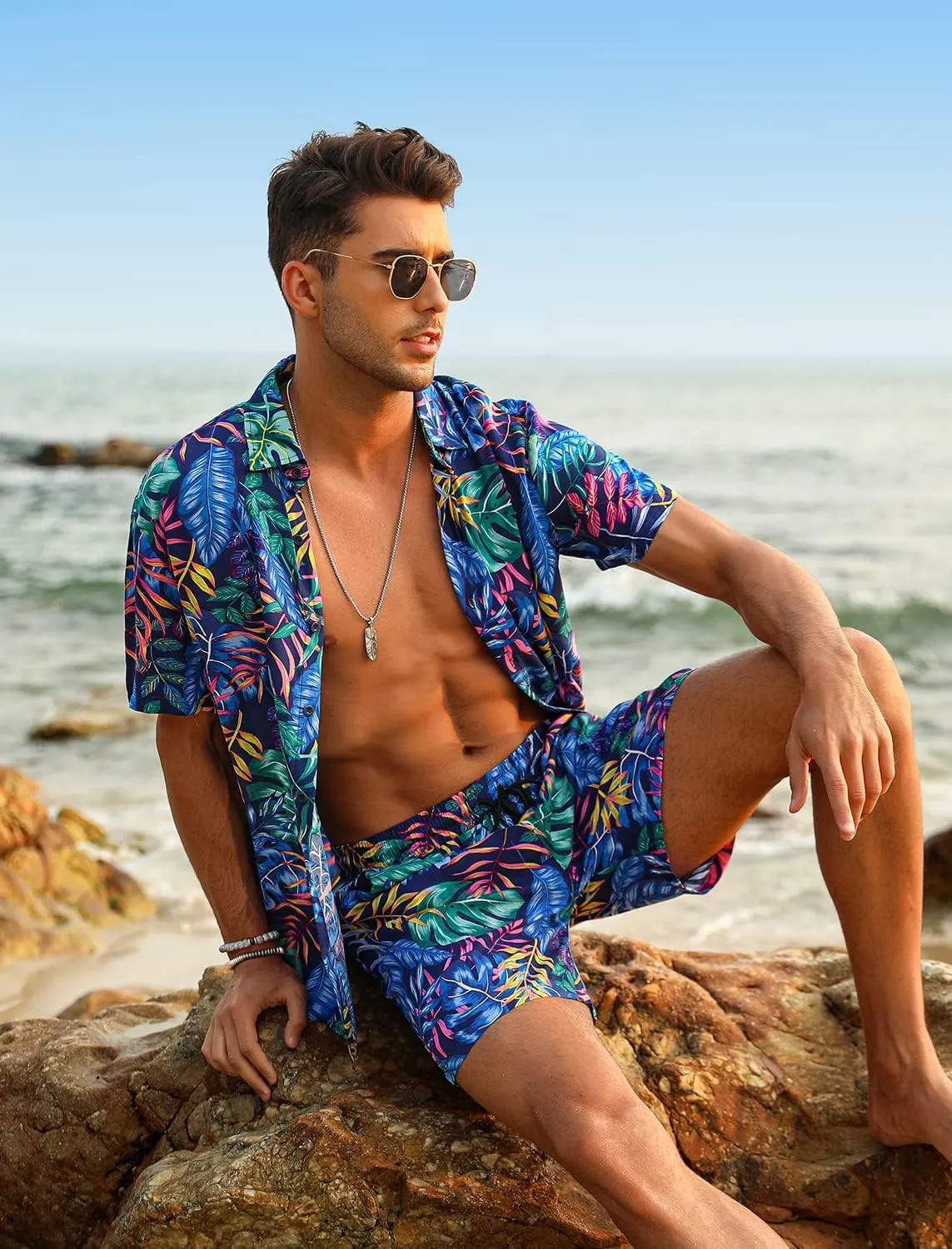 EISHOPEER Men's Flower Hawaiian Sets Casual Short Sleeve Shirt and Shorts Suits Outfits with Bucket Hats