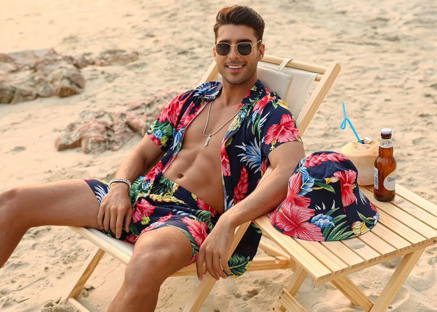 EISHOPEER Men's Flower Hawaiian Sets Casual Short Sleeve Shirt and Shorts Suits Outfits with Bucket Hats