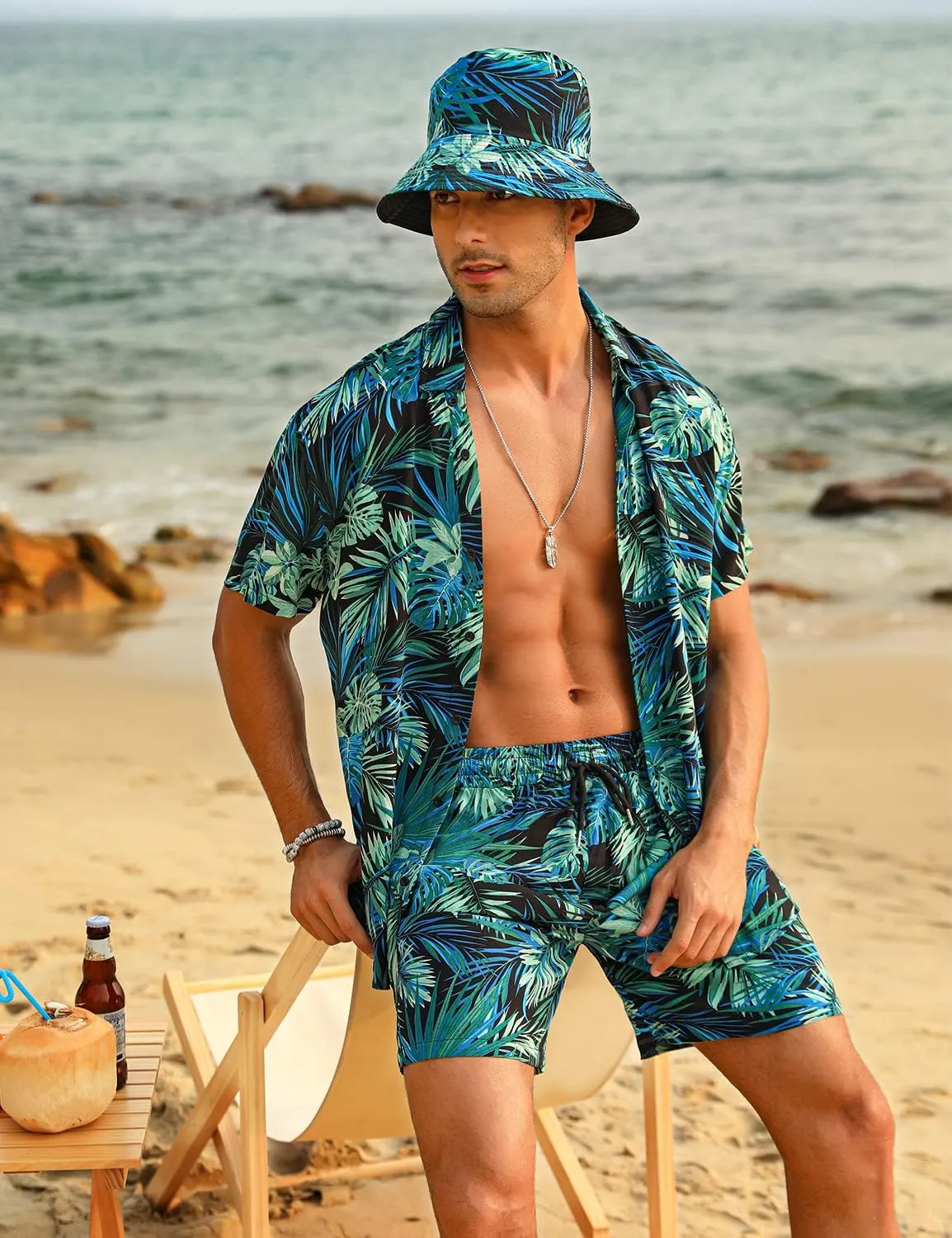 EISHOPEER Men's Flower Hawaiian Sets Casual Short Sleeve Shirt and Shorts Suits Outfits with Bucket Hats