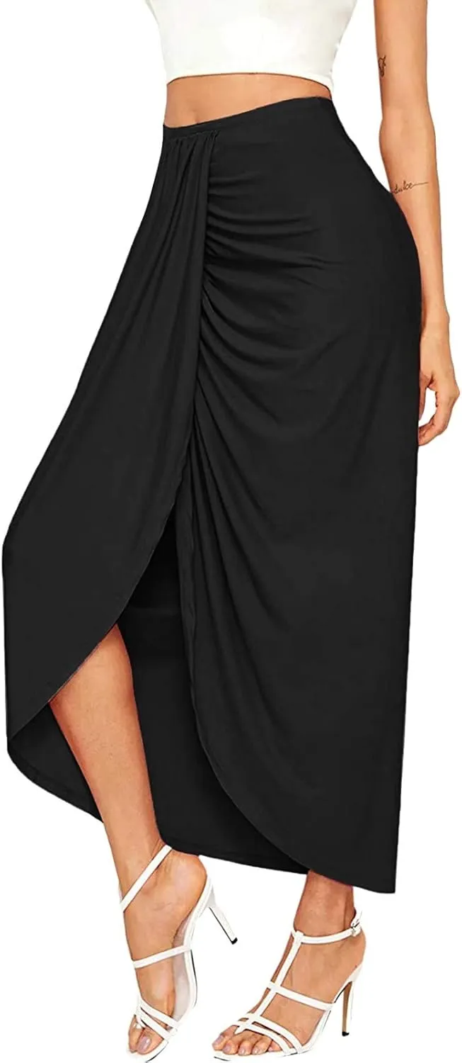 Elastic Draped Asymmetrical Casual Solid Waist Maxi High Wrap Slit Skirt Women's Skirt Tree Skirt Box