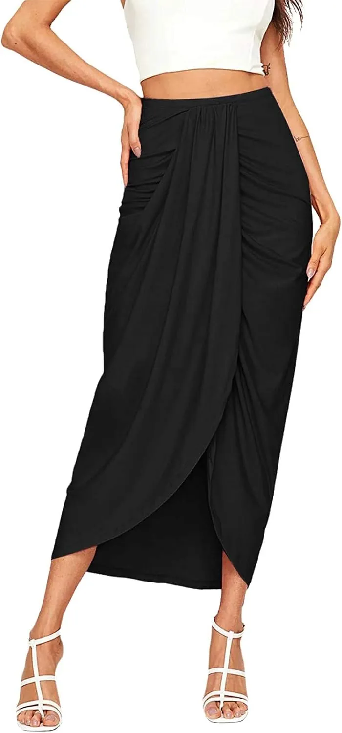 Elastic Draped Asymmetrical Casual Solid Waist Maxi High Wrap Slit Skirt Women's Skirt Tree Skirt Box