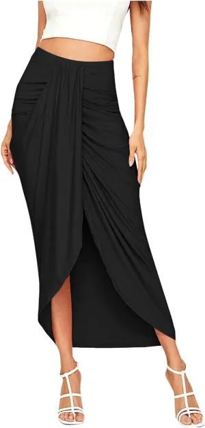 Elastic Draped Asymmetrical Casual Solid Waist Maxi High Wrap Slit Skirt Women's Skirt Tree Skirt Box