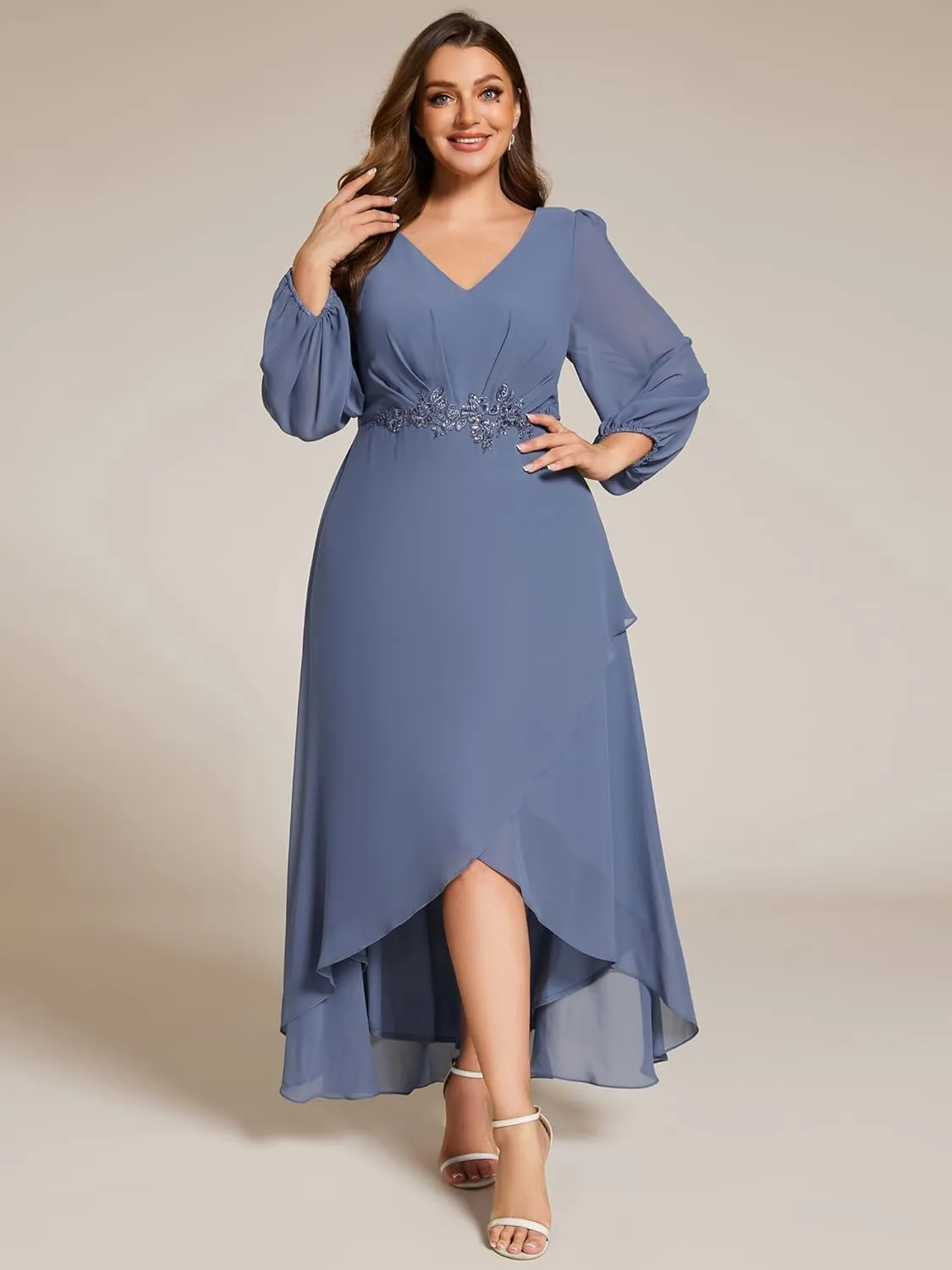 Ever-Pretty Plus Women's V Neck Long Sleeves Applique Chiffon Plus Size Fall Mother of The Bride Dress Formal Dress 03027-DA
