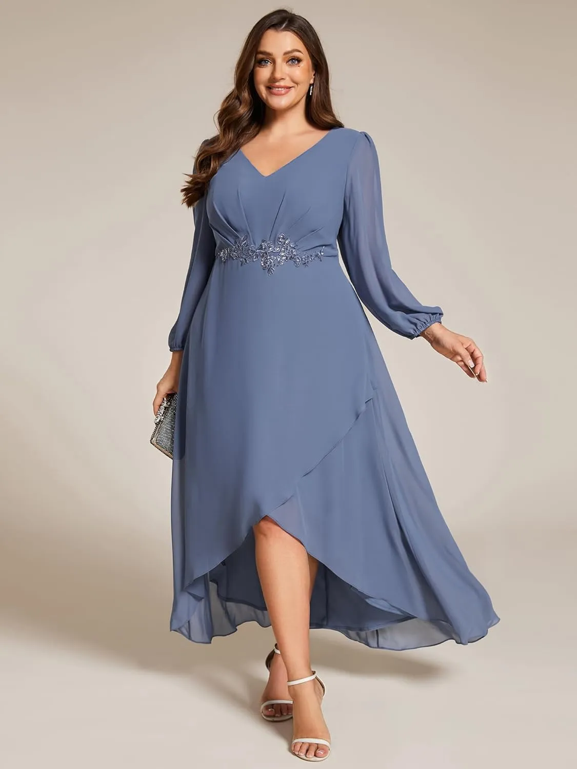 Ever-Pretty Plus Women's V Neck Long Sleeves Applique Chiffon Plus Size Fall Mother of The Bride Dress Formal Dress 03027-DA