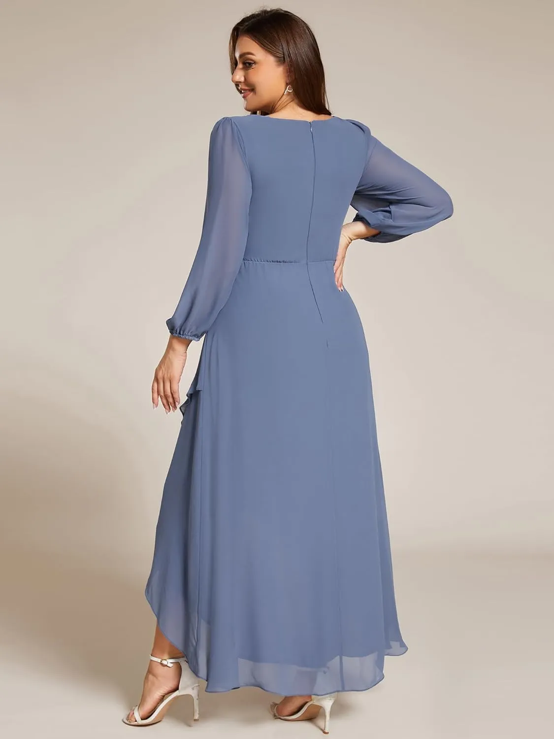 Ever-Pretty Plus Women's V Neck Long Sleeves Applique Chiffon Plus Size Fall Mother of The Bride Dress Formal Dress 03027-DA