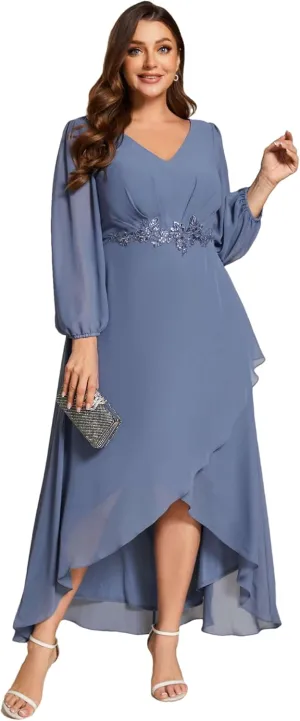Ever-Pretty Plus Women's V Neck Long Sleeves Applique Chiffon Plus Size Fall Mother of The Bride Dress Formal Dress 03027-DA