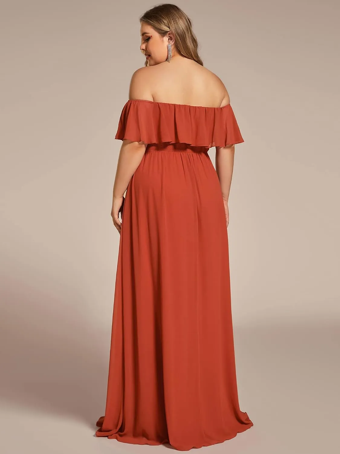 Ever-Pretty Women's Off Shoulder Short Sleeves Side Split Chiffon Plus Size Semi Formal Wedding Guest Dresses for Women
