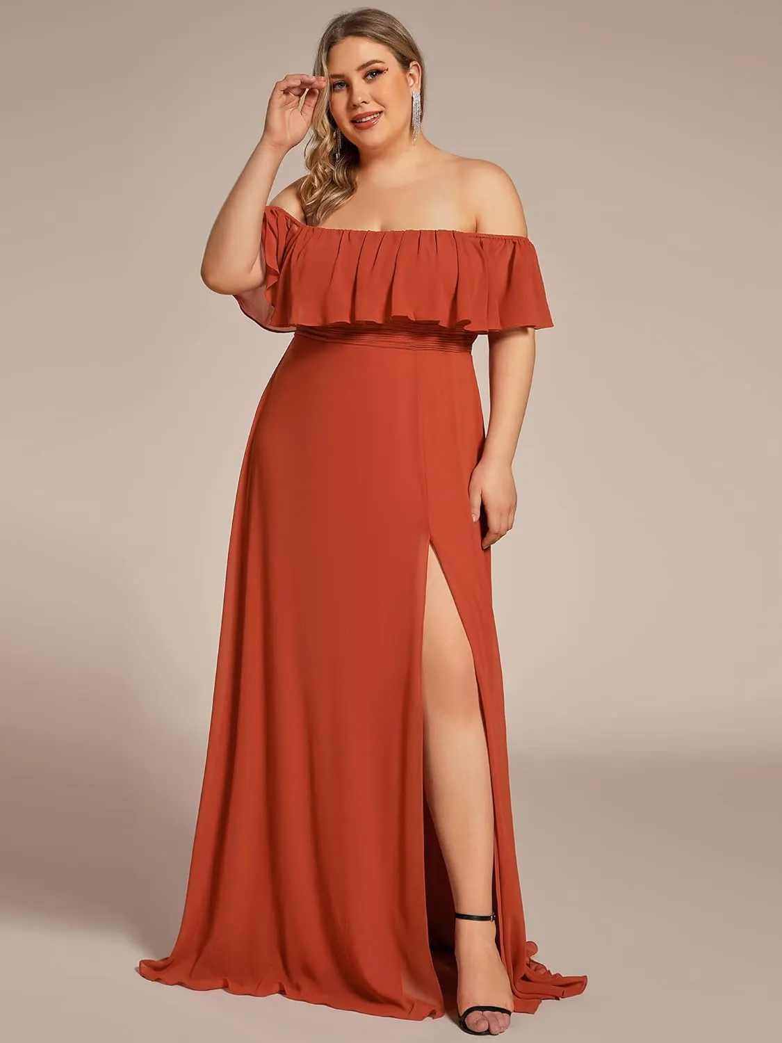 Ever-Pretty Women's Off Shoulder Short Sleeves Side Split Chiffon Plus Size Semi Formal Wedding Guest Dresses for Women